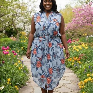 Chic Floral Midi Dress - Blue and Red